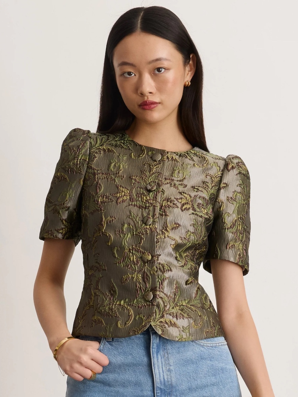 NWT Tanya Taylor Olive Green Botanical Puff-Sleeve Blouse / Jessa Top
